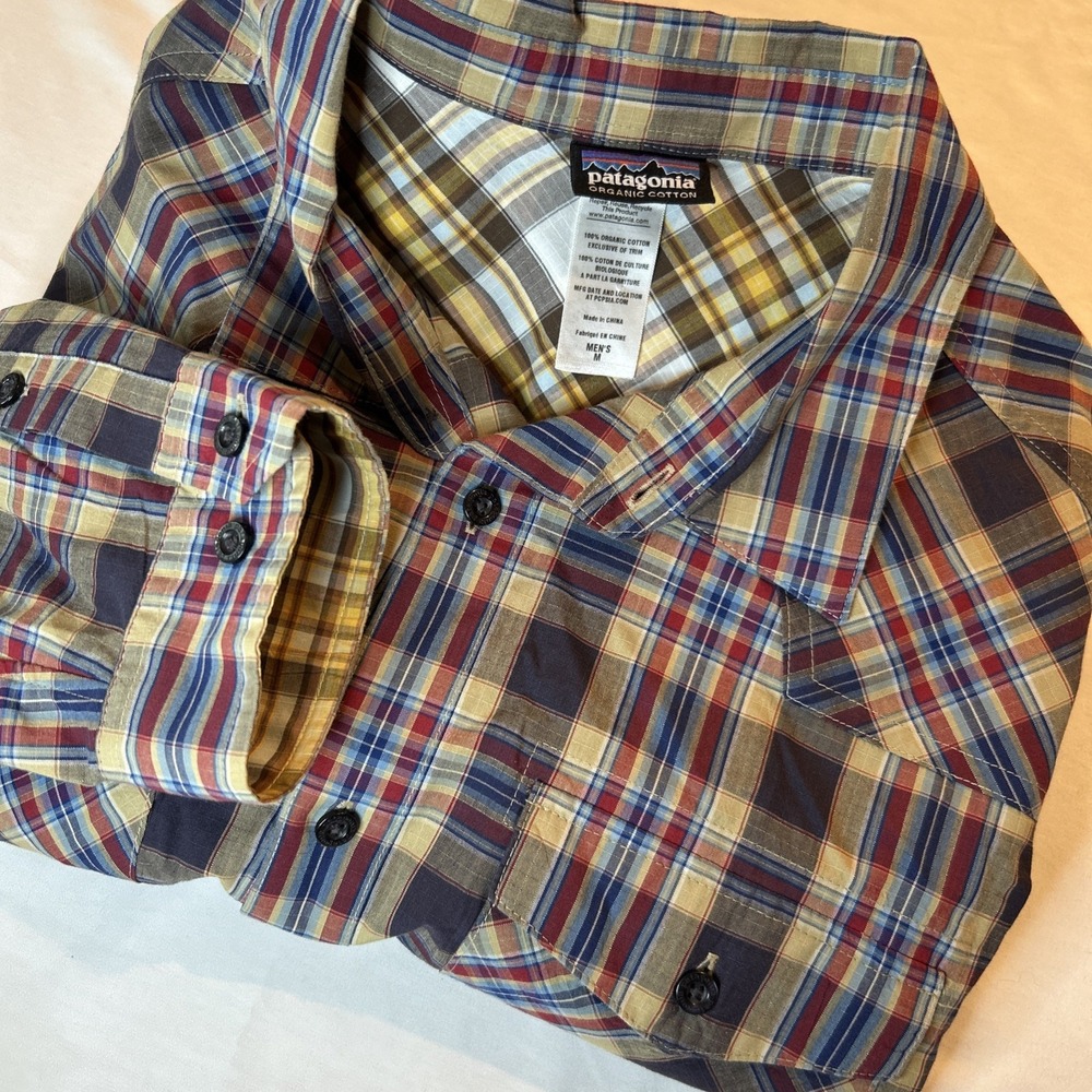 Patagonia Men's Shirt Sz Med Brown Blue Plaid Long Sleeved Button Western Hike